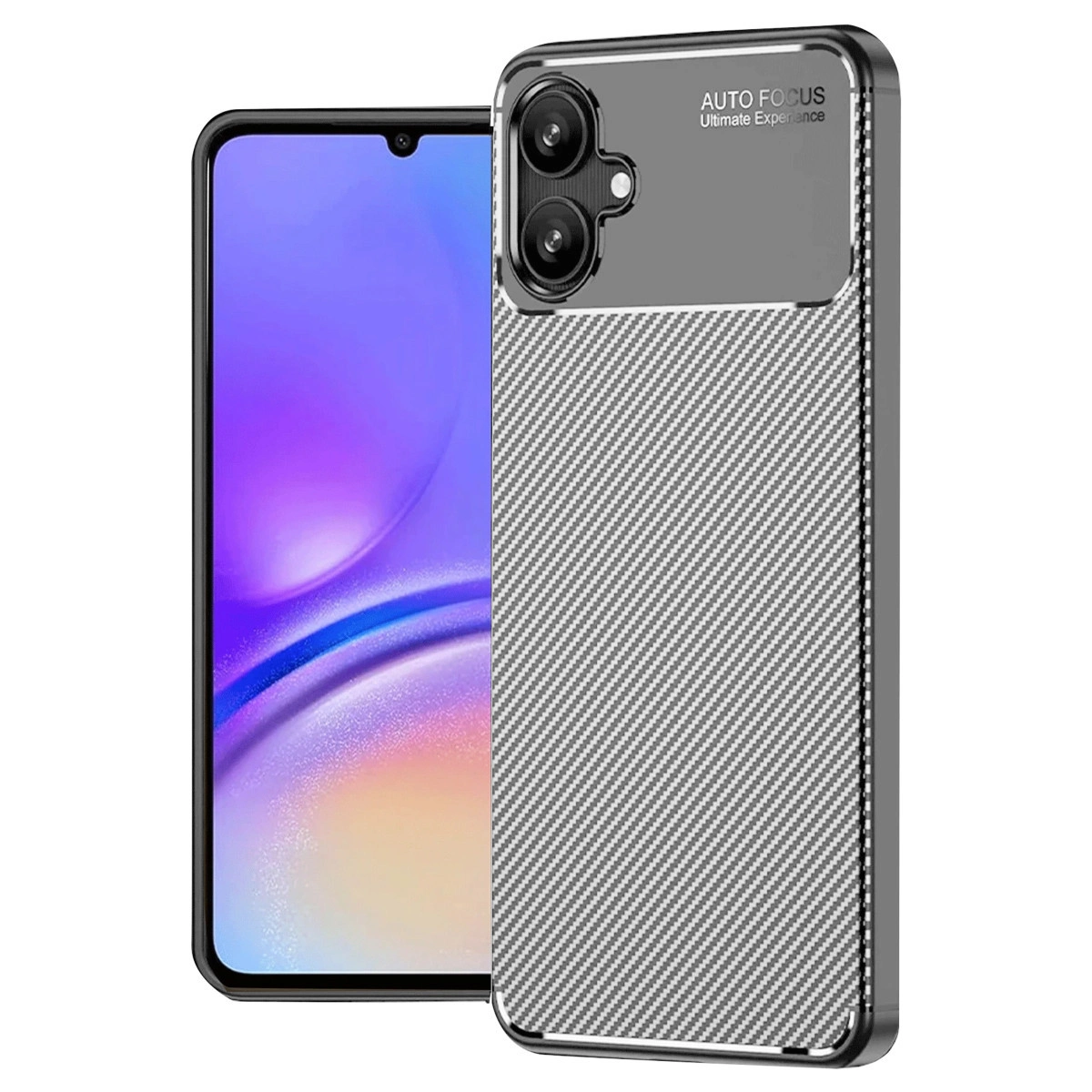 Karbon desenli kılıflı ve çift kameralı akıllı telefon.