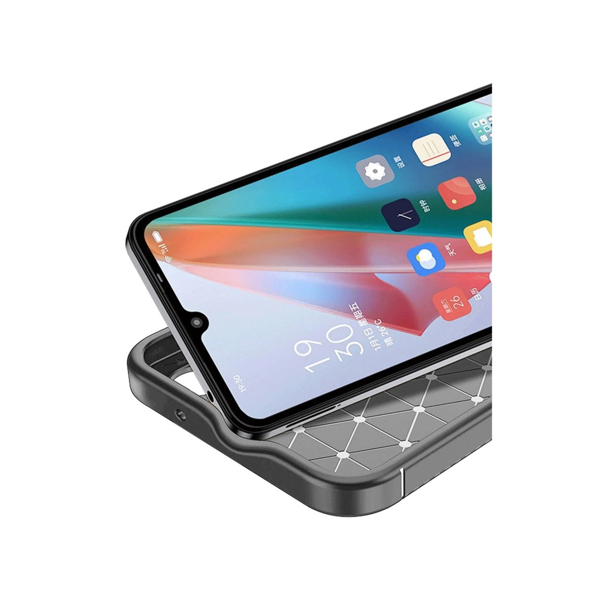 Bir kılıf içinde akıllı telefon. Ekran saat ve uygulama simgeleri gösteriyor.