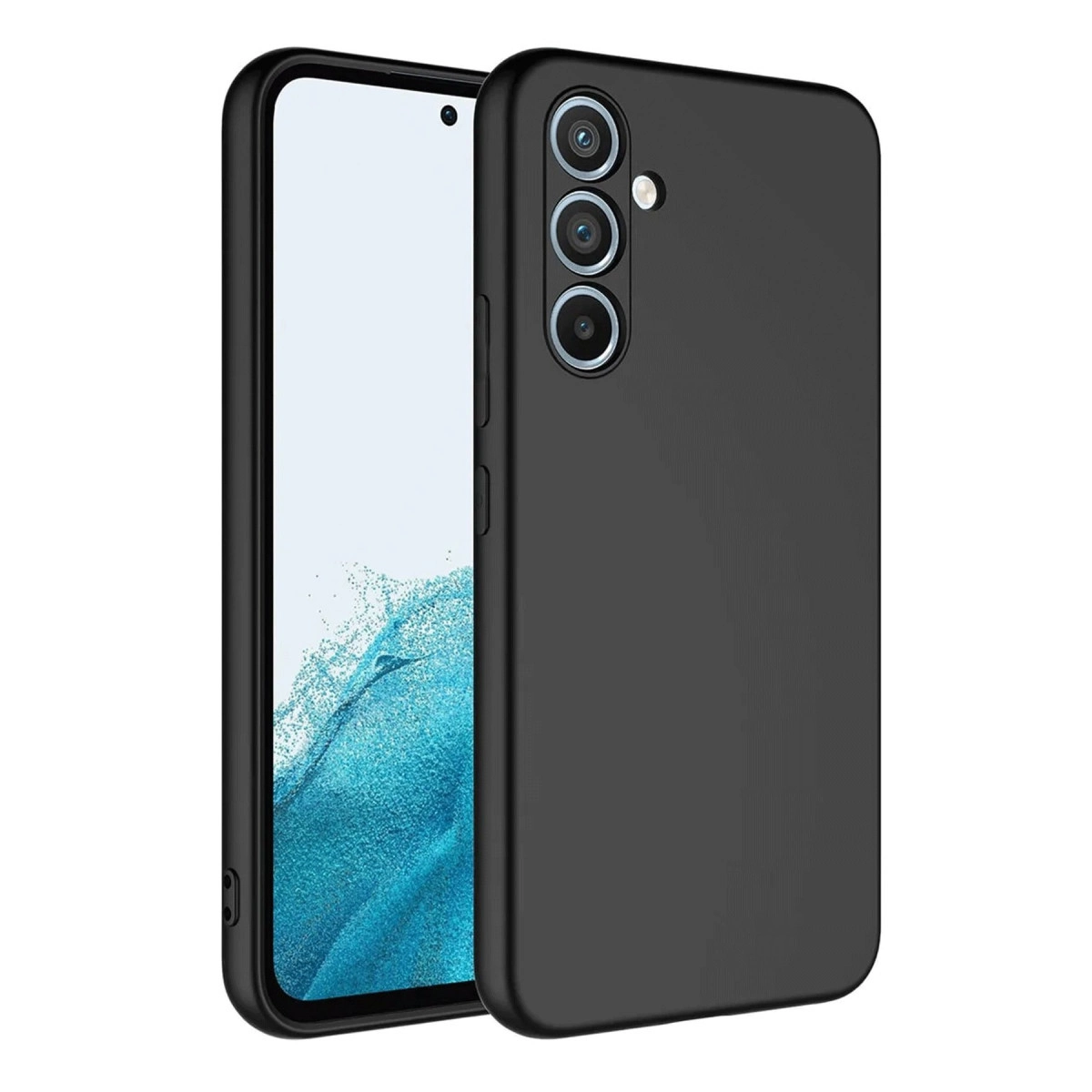 Üç kamera lensli ve gümüş aksanlı siyah telefon kılıfı.