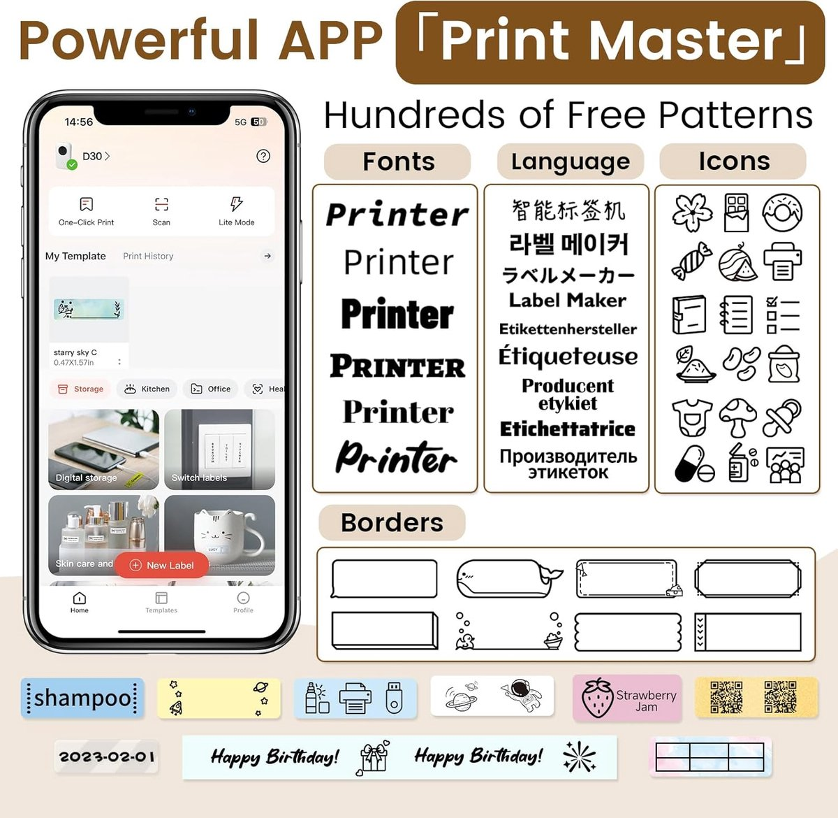 Screenshot dell'app che mostra font, lingue, icone, bordi ed etichette.