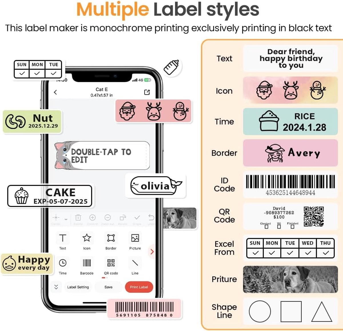 Esempio di stili di etichette che mostrano testo, icone, ora, bordo, ID e codice QR.