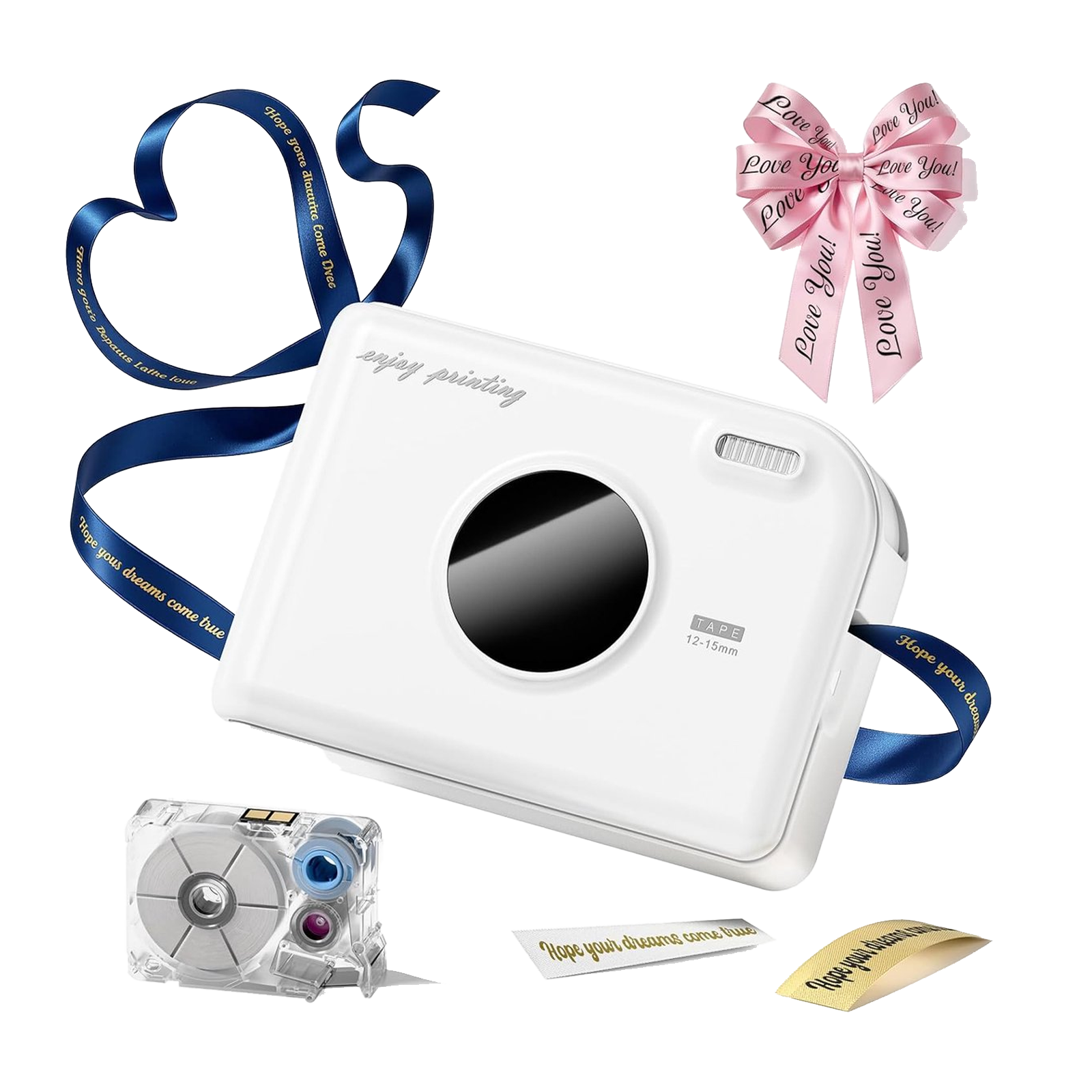 Stampante bianca con nastri blu e rosa, nastro con testo.