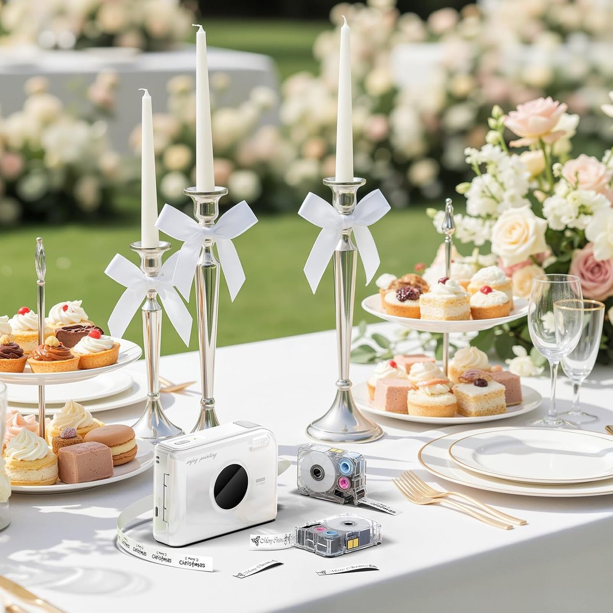 Una tavola festiva con cupcake, candelabri e una stampante.