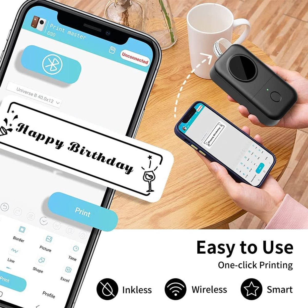 Schermo telefono mostra app etichettatrice con 