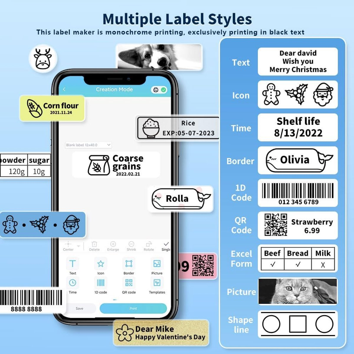 Uno smartphone mostra un'app per etichette con vari esempi.