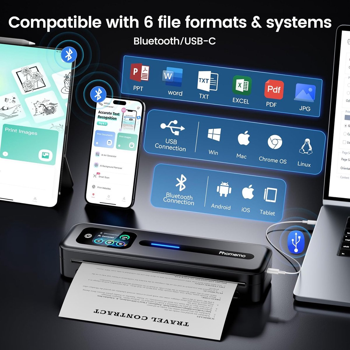 Una stampante Phomemo si collega ai dispositivi tramite USB o Bluetooth. Supporta 6 formati file.