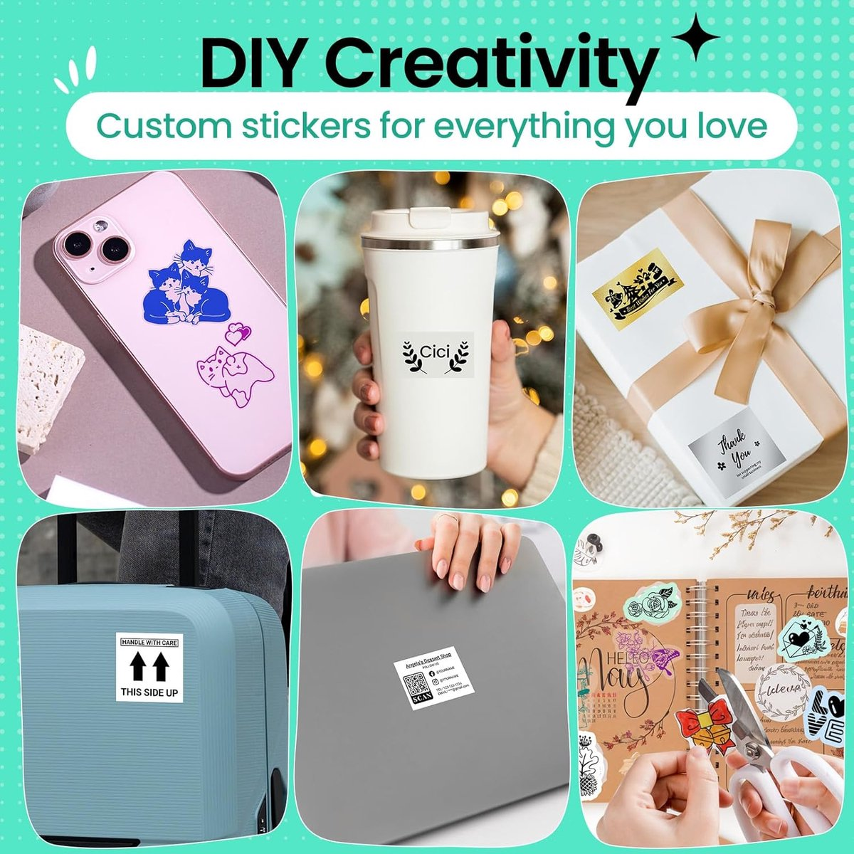 Collage di adesivi personalizzati su vari oggetti: telefono, tazza, regalo, valigia, laptop, taccuino.