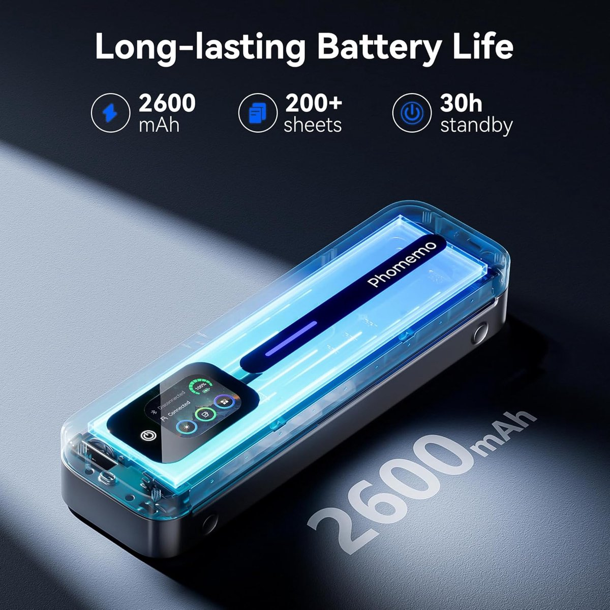 Una stampante portatile con custodia trasparente che mostra una batteria da 2600mAh e 200+ fogli.