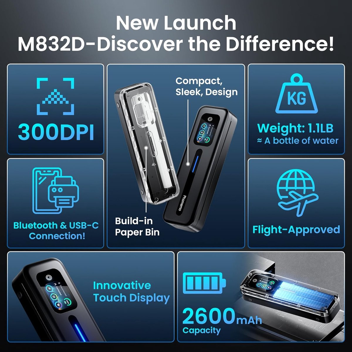 Stampante Phomemo M832D: 300DPI, Bluetooth, 1.1LB, pieghevole, display touch, 2600mAh.
