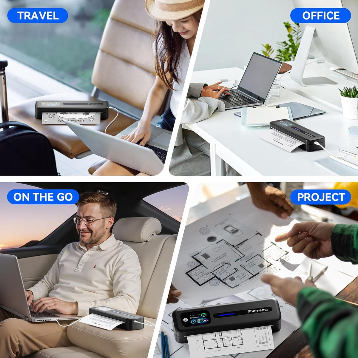 Quattro scene mostrano una stampante portatile in uso: viaggio, ufficio, auto, progetto.