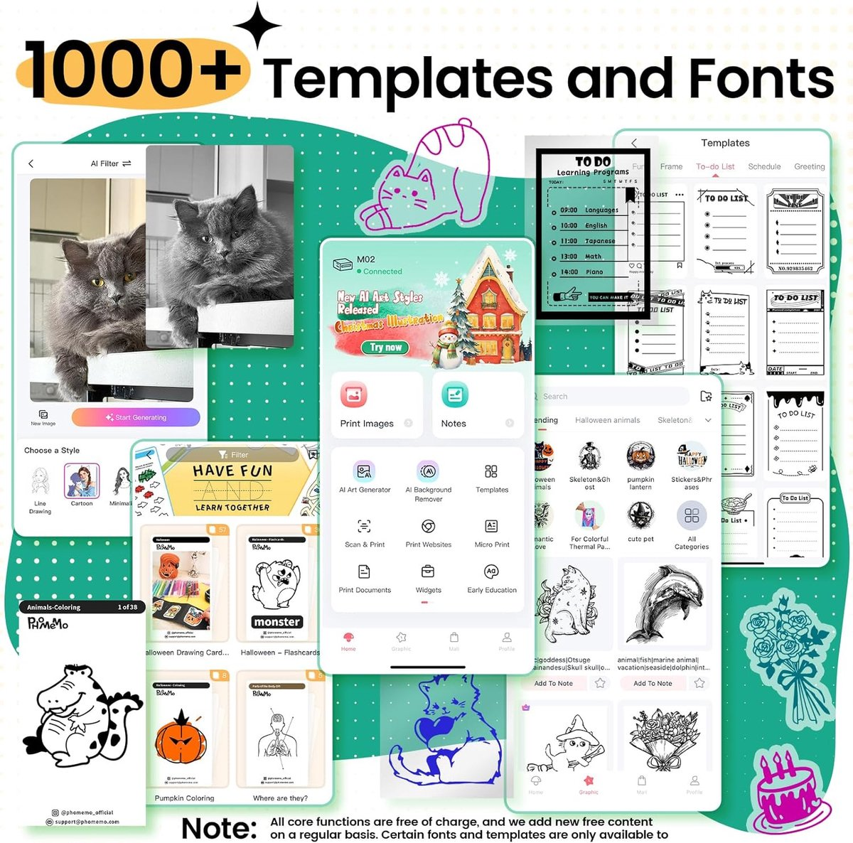 Collage che mostra schermate di app, modelli, gatti e testo '1000+ Templates and Fonts'.