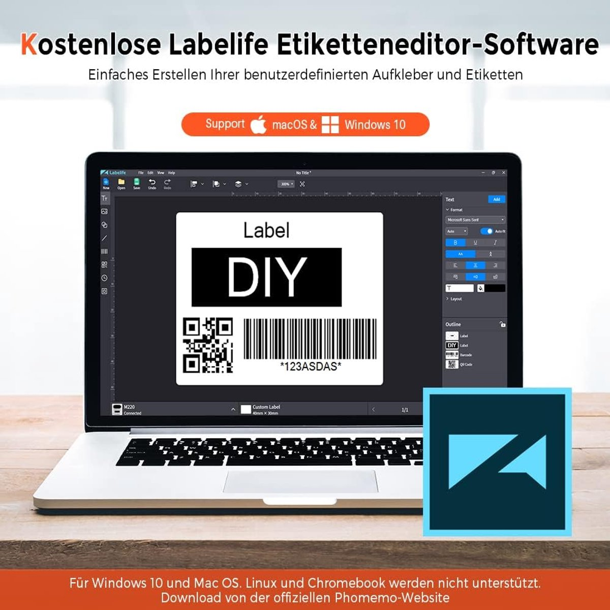 Laptop toont Labelife software met etiketontwerp: DIY, QR-code, barcode.