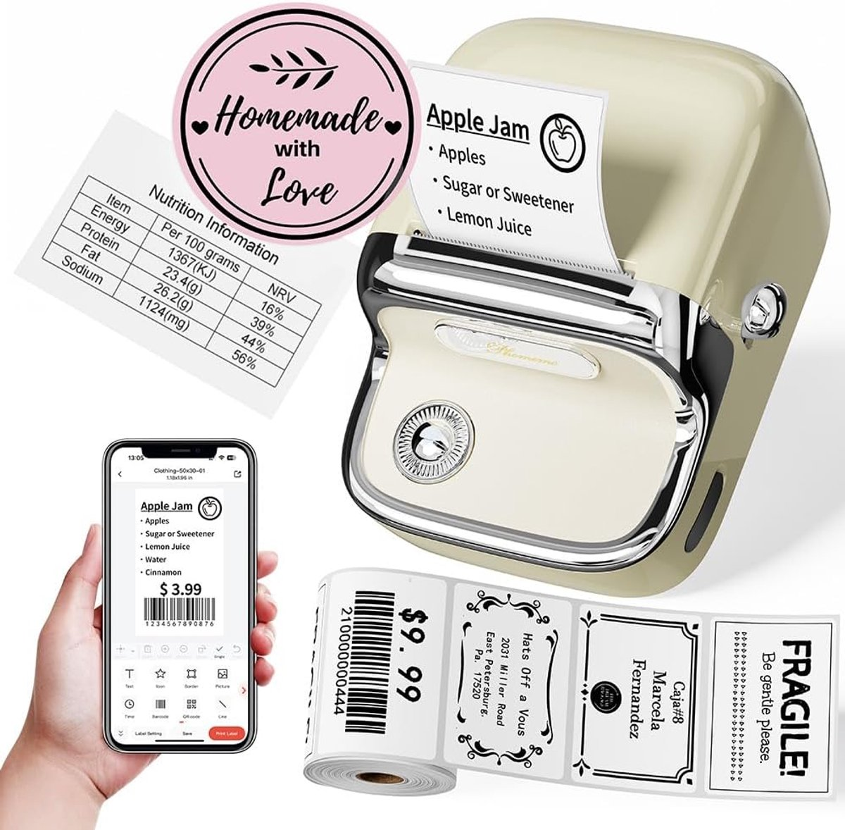 Een crèmekleurige labelprinter met stickers, voedingsfeiten en een smartphone.