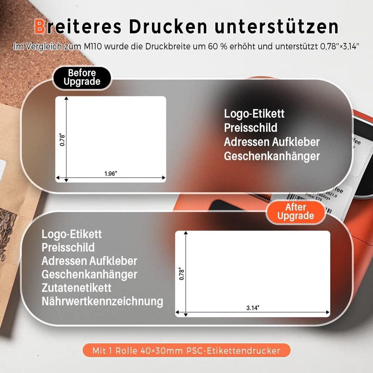 Vergelijking van etiketafdrukbreedtes voor en na upgrade.