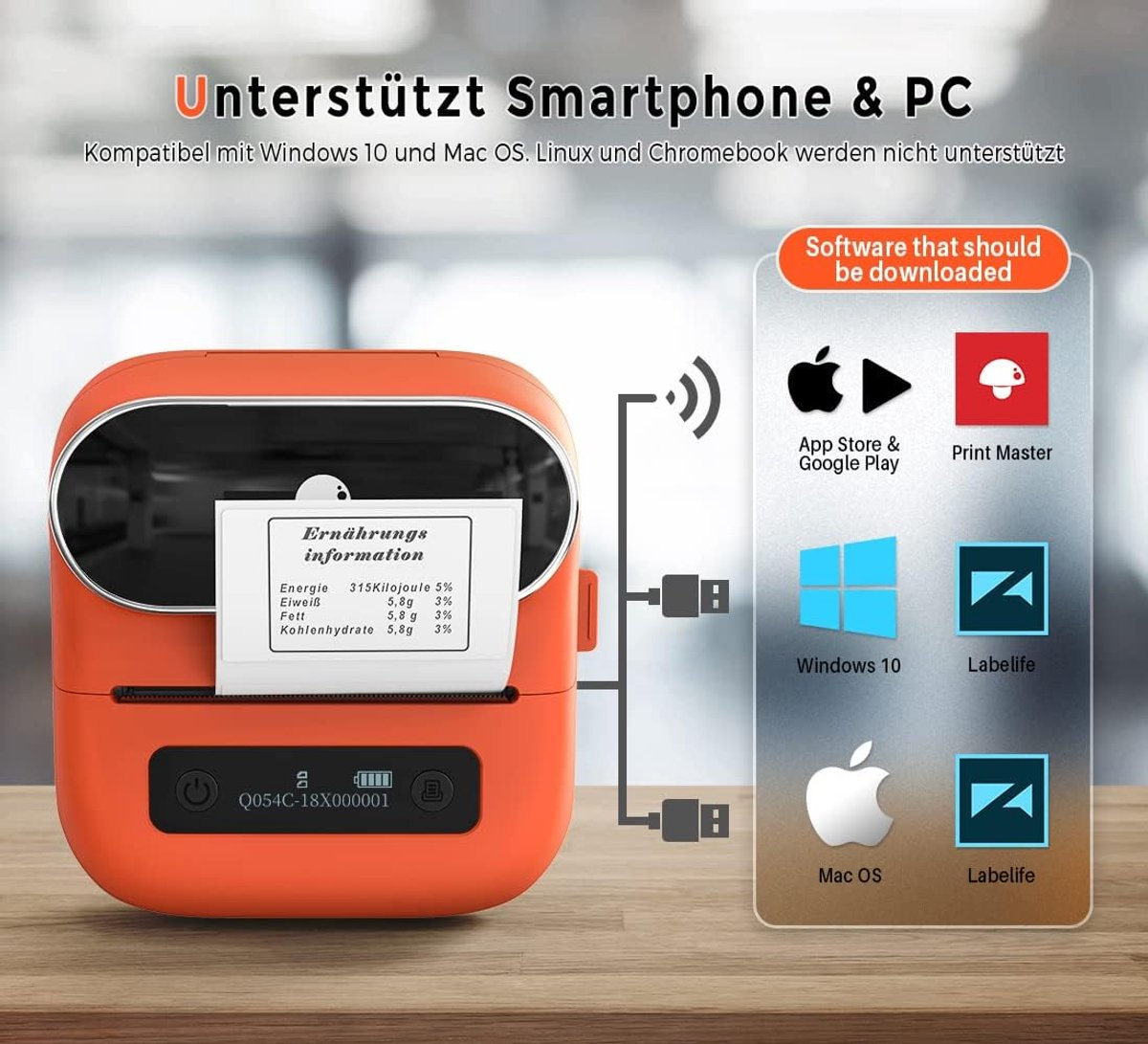 Oranje printer met voedingsinfo, ondersteunt smartphone & pc.