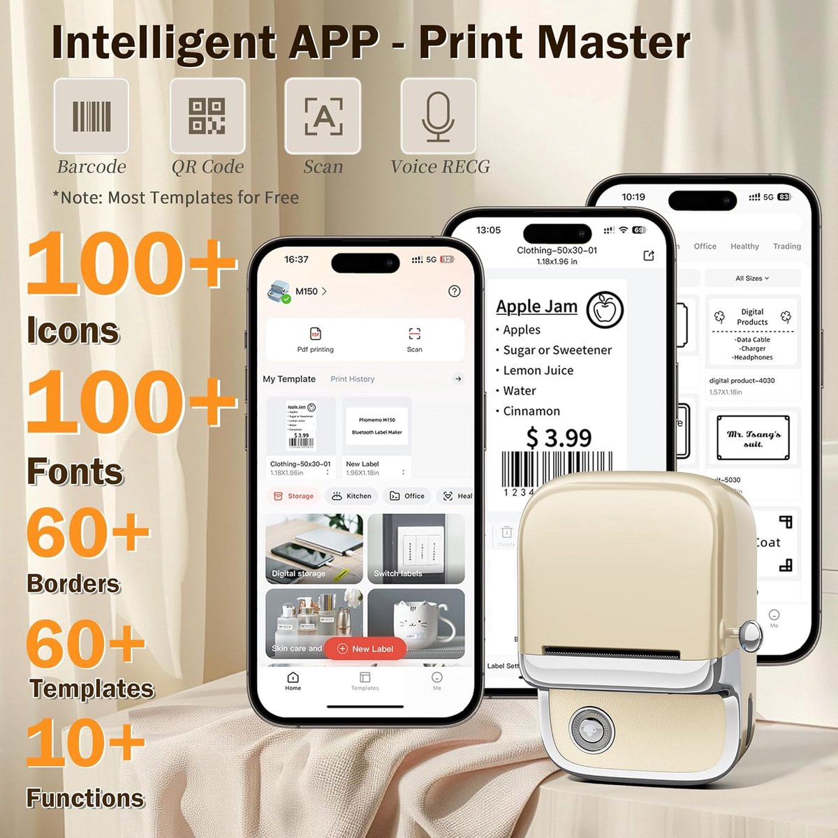 Intelligente app met labelprinter en drie smartphones. Labels tonen tekst en prijs.