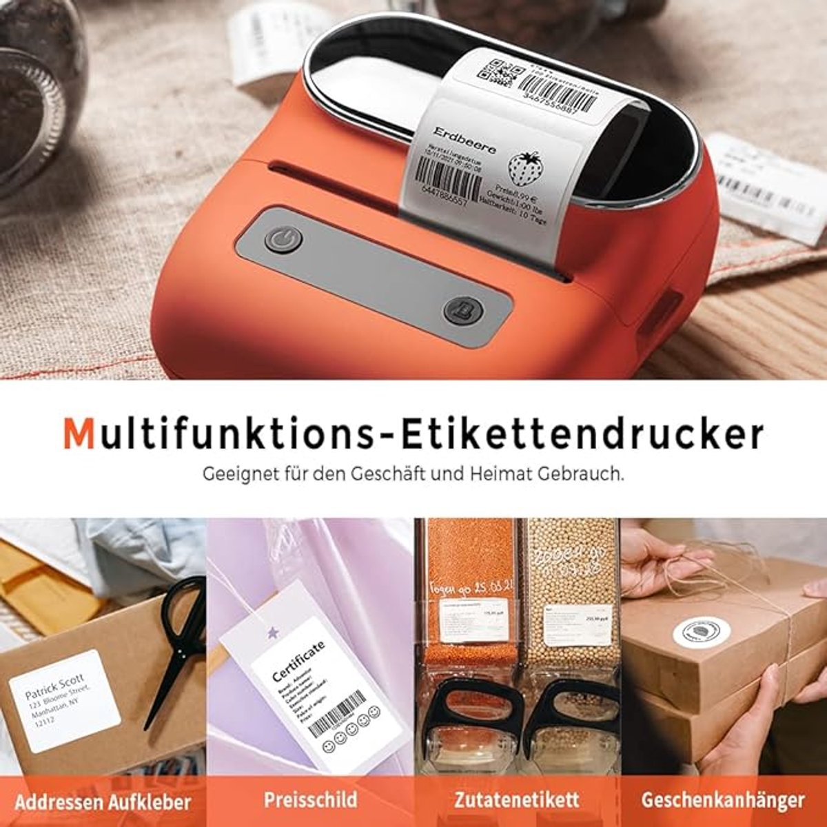 Een oranje labelprinter print een aardbeienlabel. Hieronder voorbeelden van adres-, prijs-, ingrediënt- en cadeaulabels.