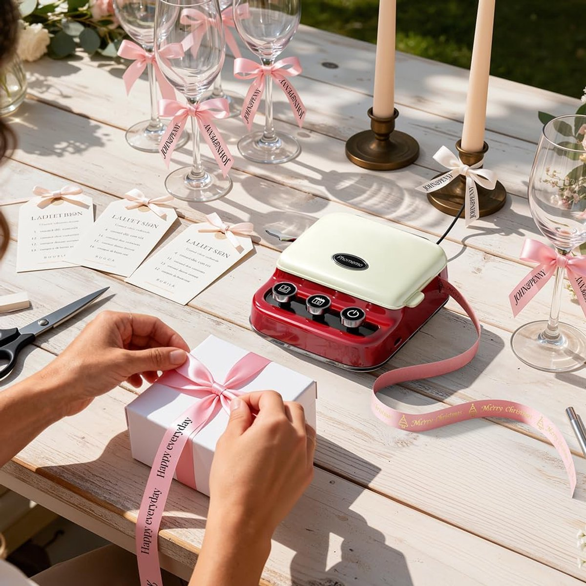 Personne emballant un cadeau avec ruban « Happy everyday » sur boîte blanche.