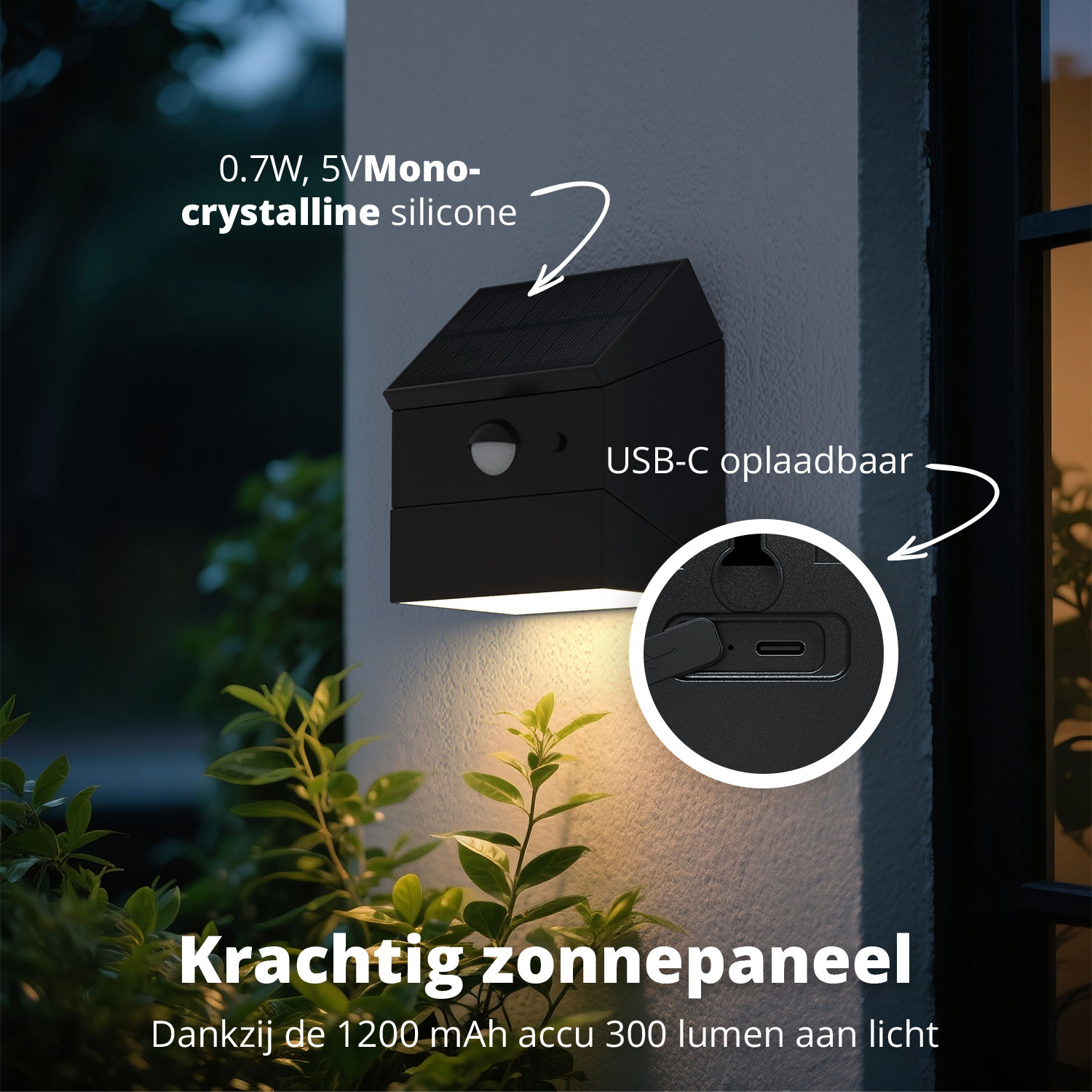 Black solar light with USB-C, 300 lumens, 1200mAh battery.