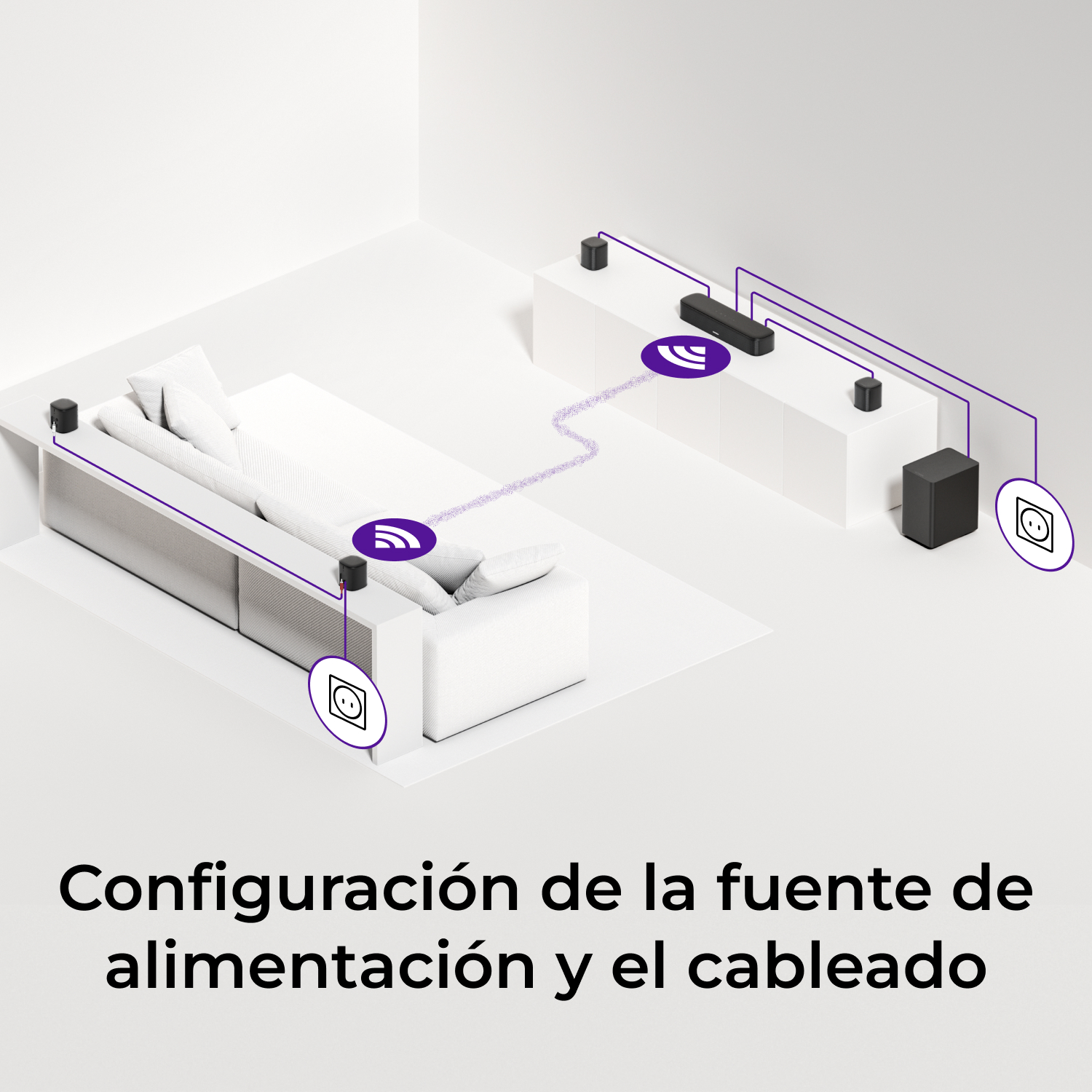 Configuración de fuente y cableado. Altavoces alrededor de un sofá y consola TV.