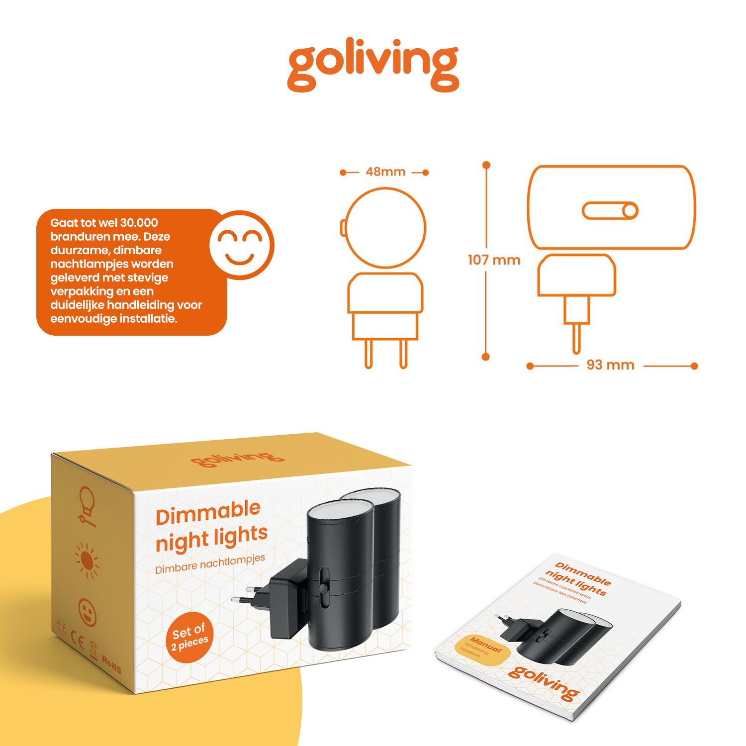 Goliving dimmable night lights, set of 2, with manual and technical details.
