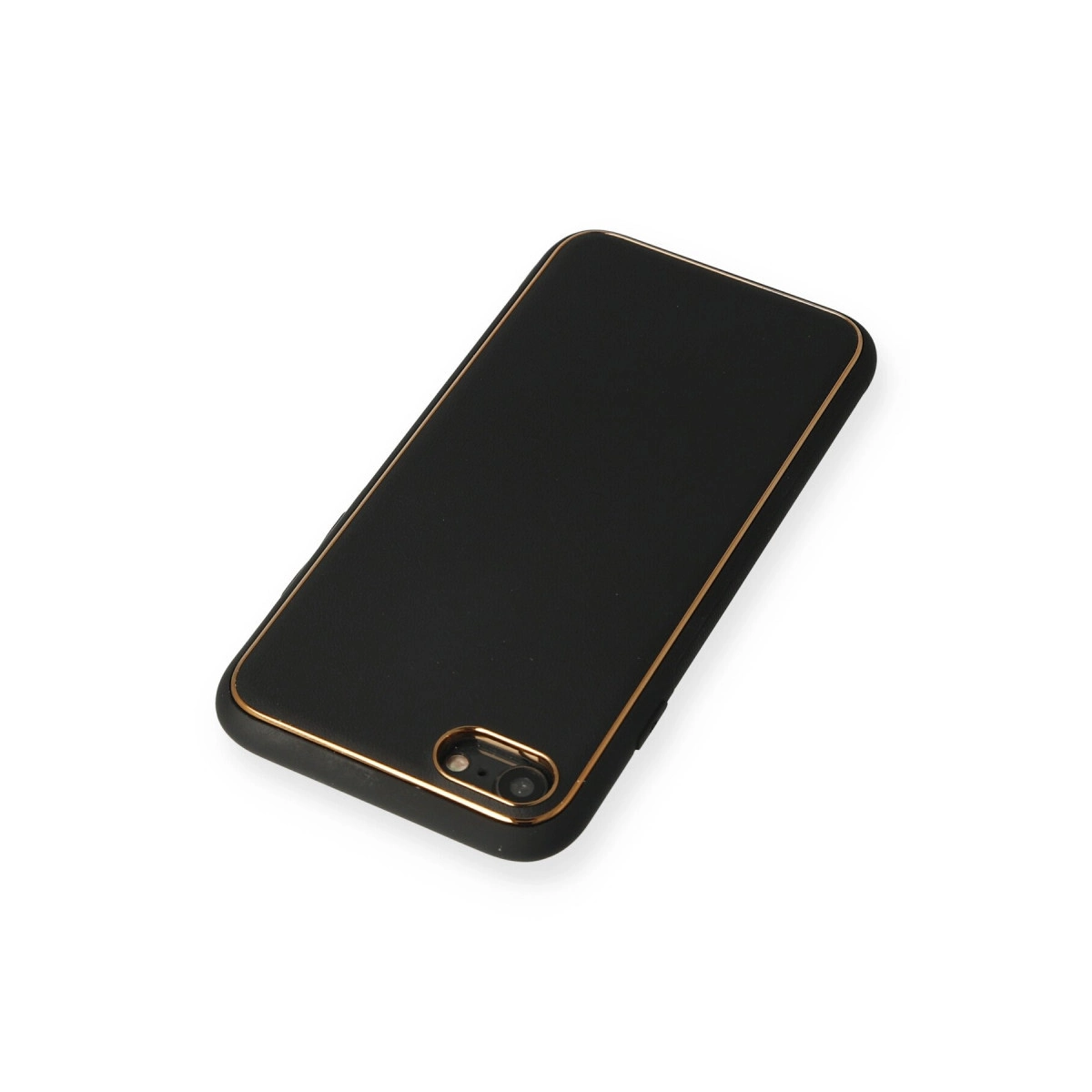Altın kenarlı ve kamera oyuntulu siyah telefon kılıfı.