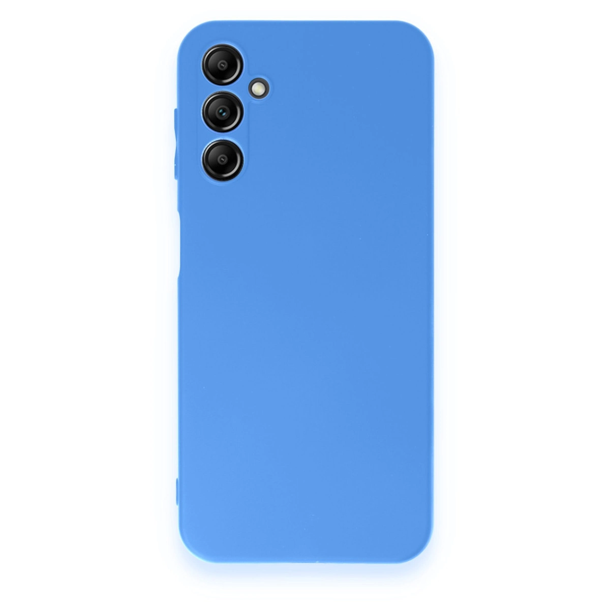 Sol üstte üç kamera lensi bulunan mavi telefon kılıfı.