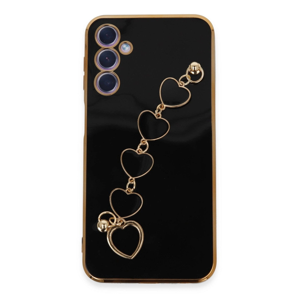 Altın kenarlı ve kalpli zincirli siyah telefon
