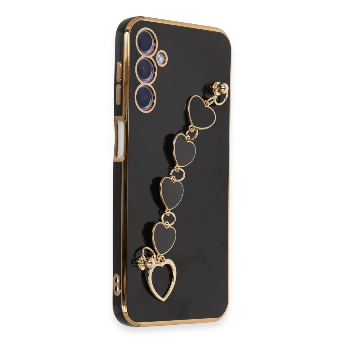 Altın çerçeveli siyah telefon kılıfı ve kalp şeklinde kolyeli zincir.