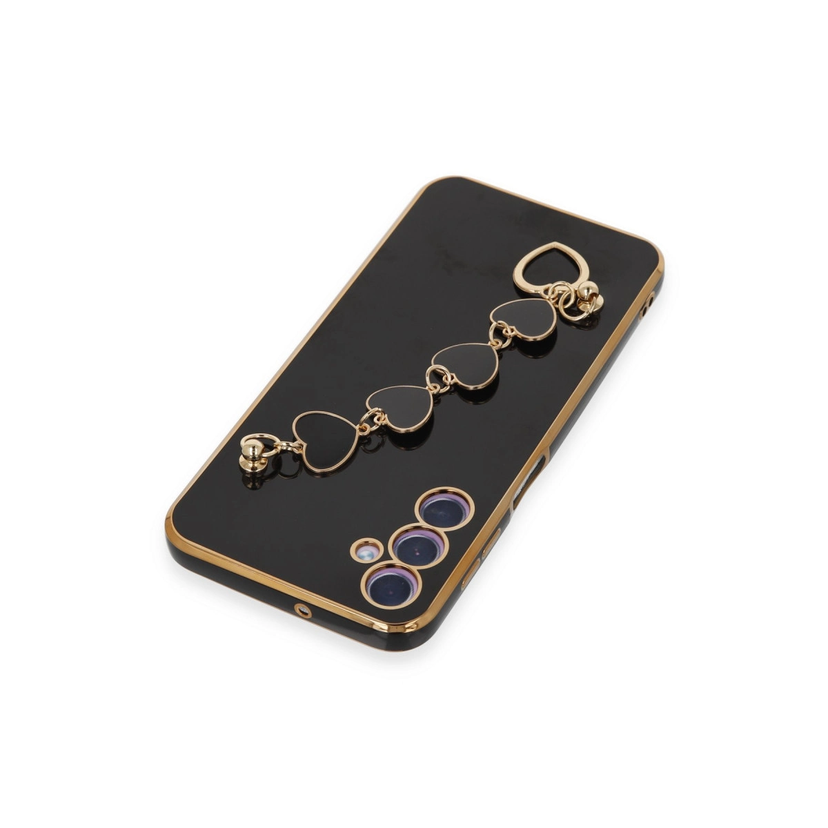 Altın kenarlı siyah telefon kılıfı ve kalp şeklinde charm bileklik.