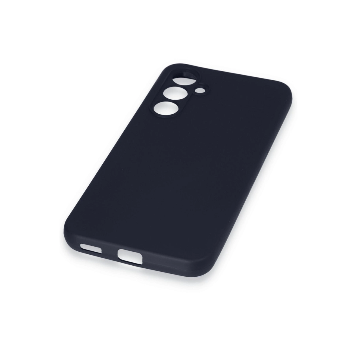 Koyu mavi telefon kılıfı, kamera ve bağlantı noktaları için kesikler.
