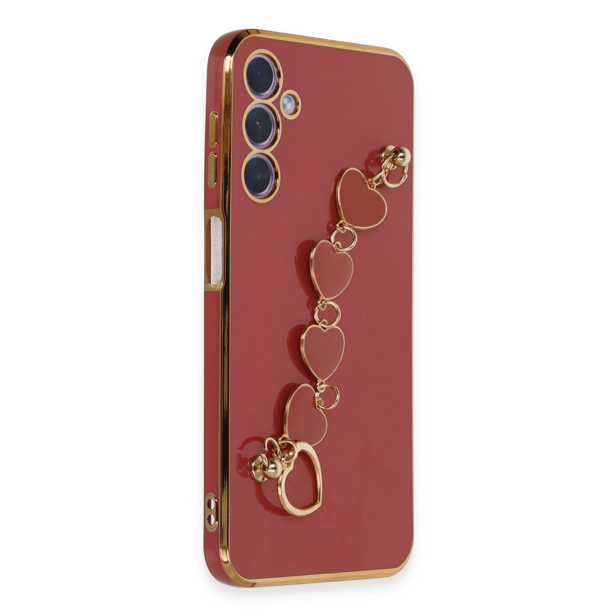 Altın kenarlı, kameralı ve kalp şeklinde takıclı kırmızı telefon kılıfı.