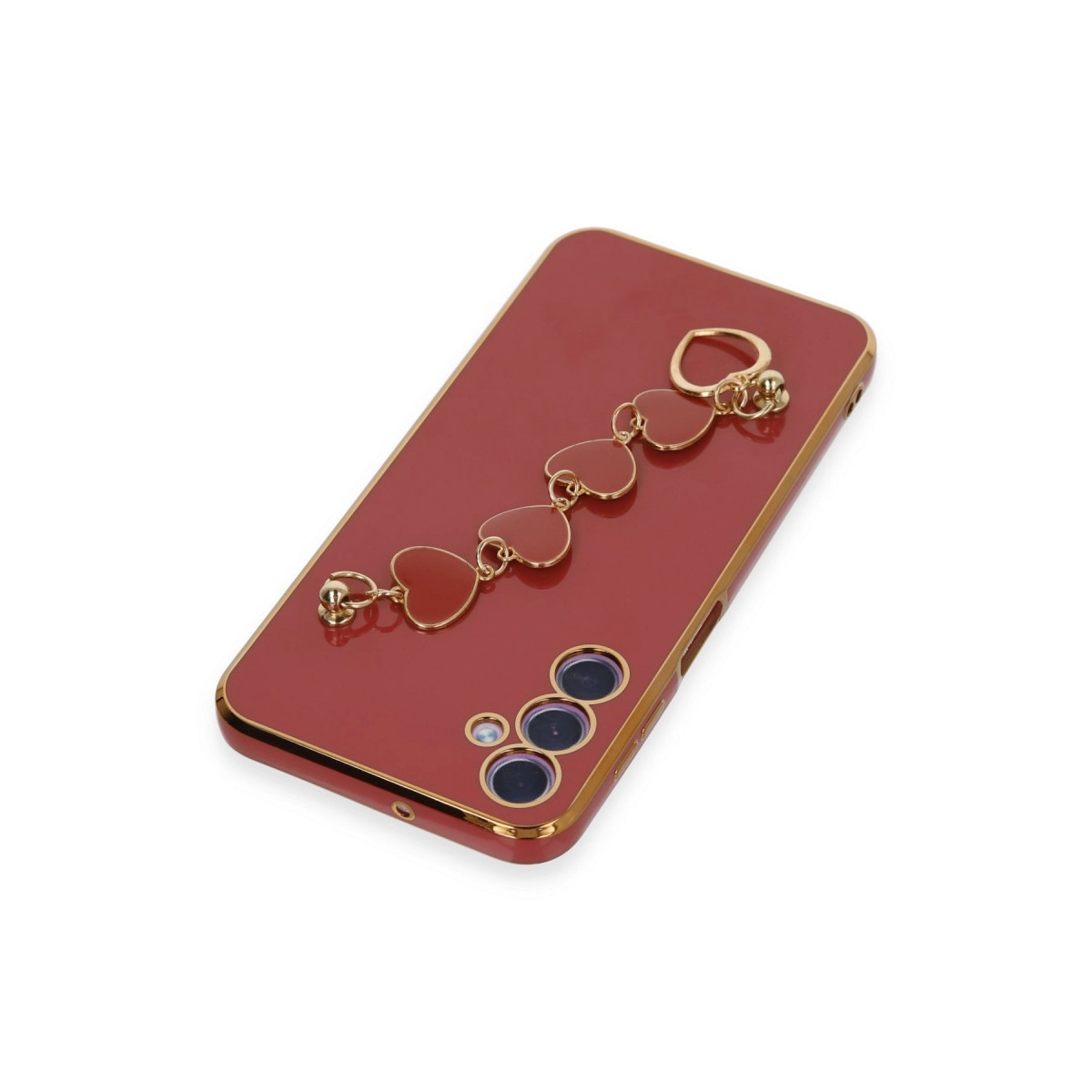 Altın kenarlı kırmızı telefon, kalp şeklinde charm bileklikli.