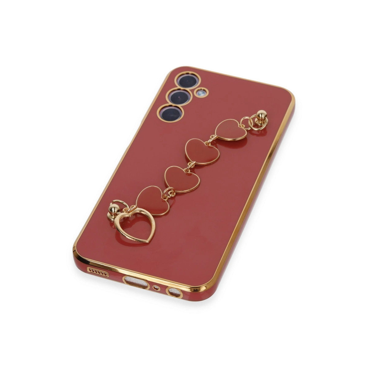 Altın kenarlı kırmızı telefon kılıfı ve kalp şeklinde kordon