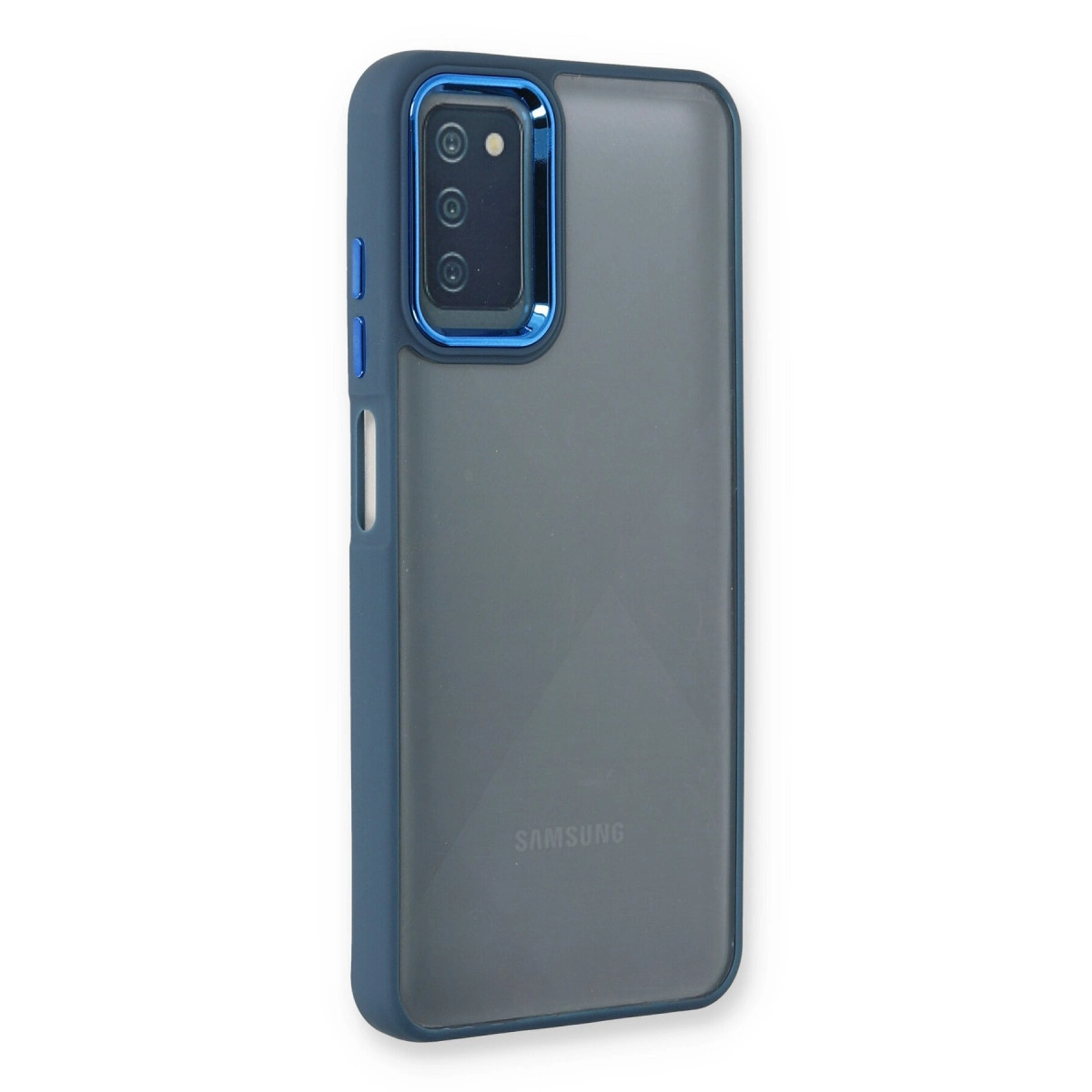 Mavi süslemeli ve kamera kesimli koyu gri telefon kılıfı, Samsung logosu.