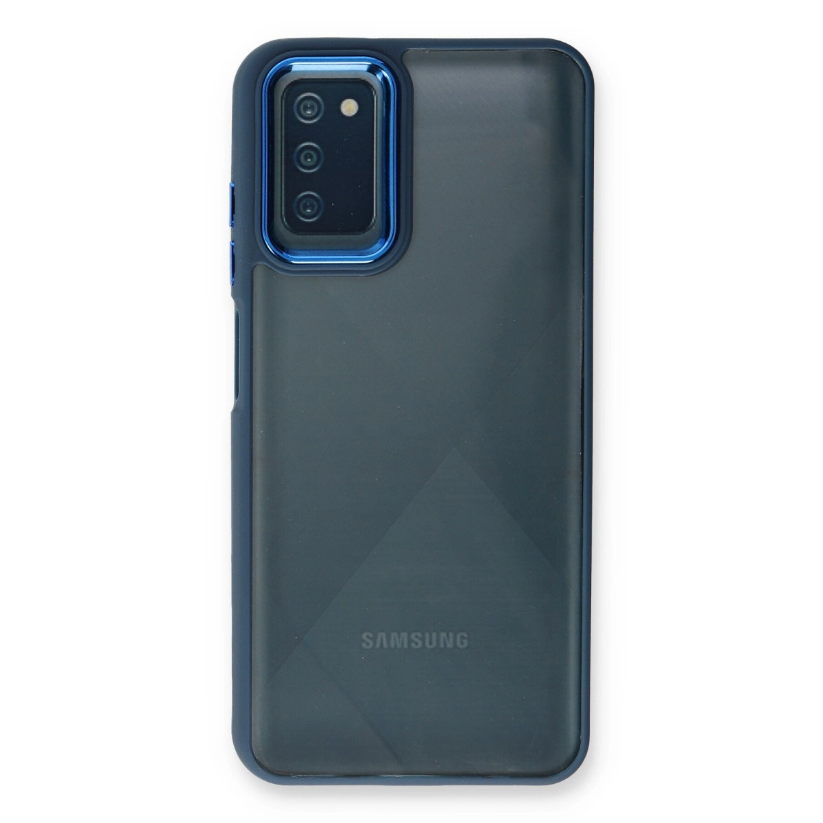 Üç kameralı ve Samsung logolu lacivert telefon kılıfı.