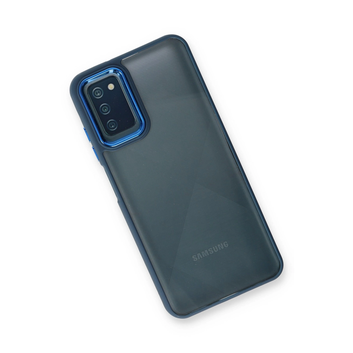 Samsung logosu ve kamera kesimli lacivert telefon kılıfı.