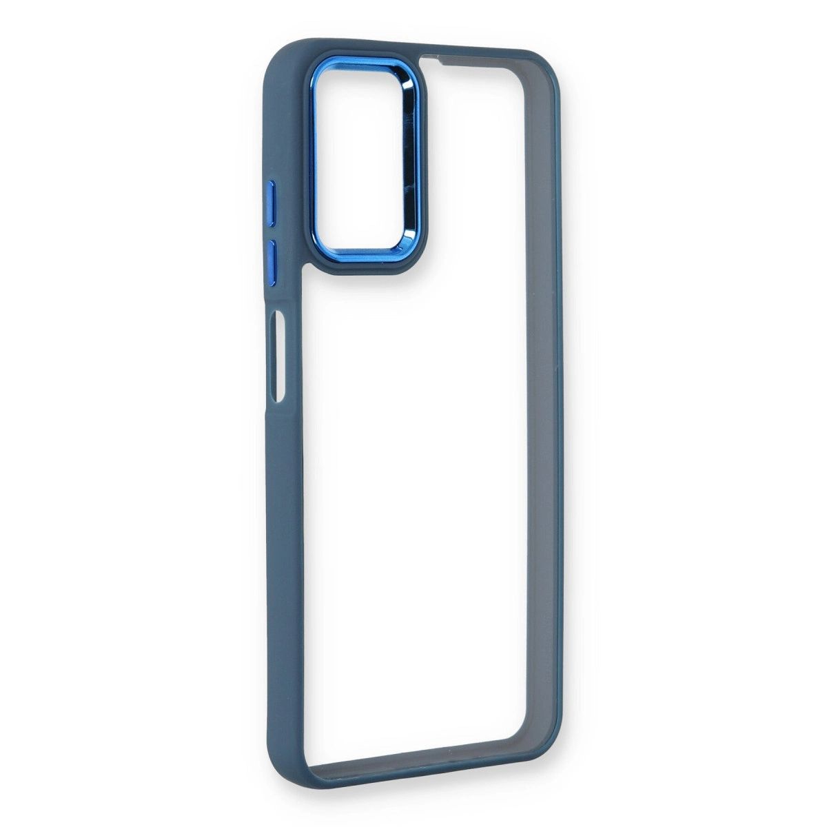 Kamera kesiğinin etrafında mavi kenarlı, lacivert telefon kılıfı.