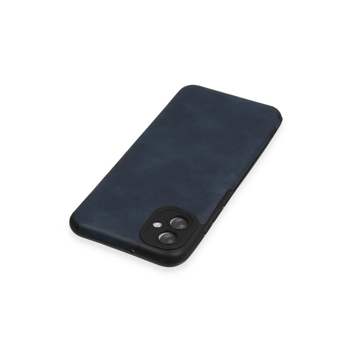 Siyah çerçeveli ve kamera kesimli lacivert telefon kılıfı.