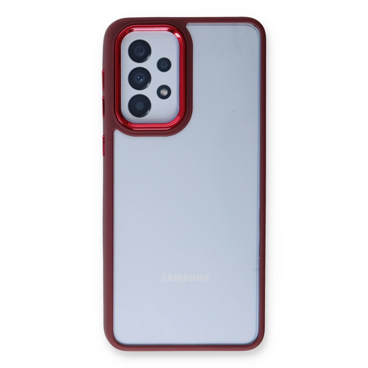 Kamera lensleri ve Samsung logosu olan k'rm'z' telefon k'f' detay'.