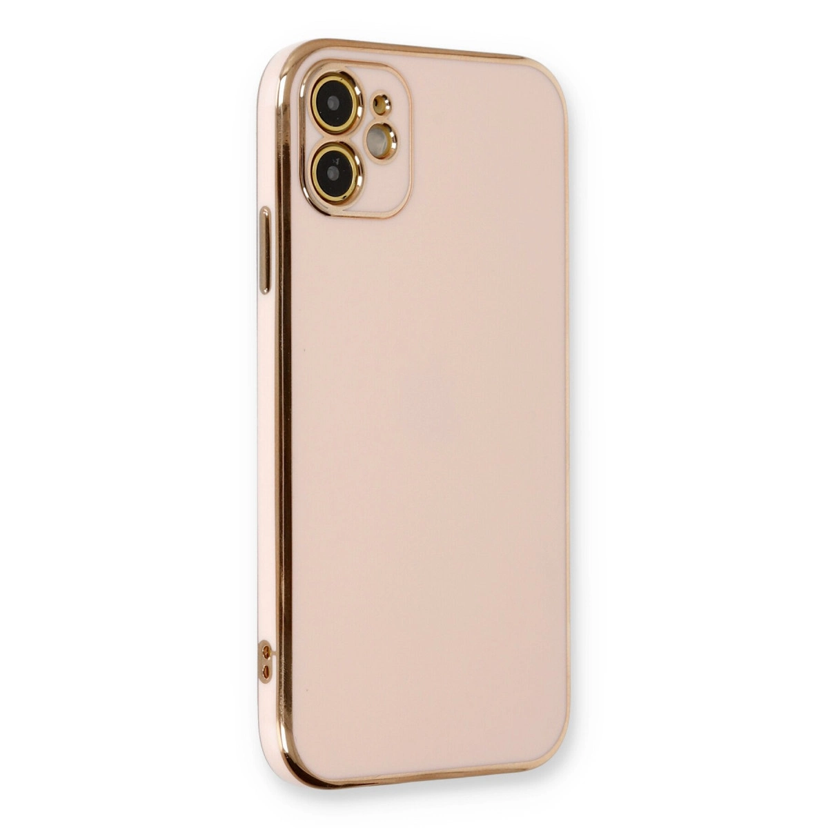 Altın çerçeveli ve kamera yuvalı pembe telefon kılıfı.