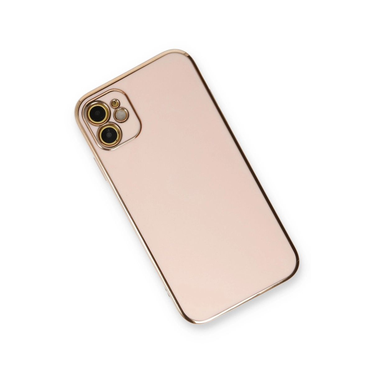 Altın çerçeveli kamera yuvasına sahip, gül altın rengi iPhone 11 Pro, beyaz zeminde.