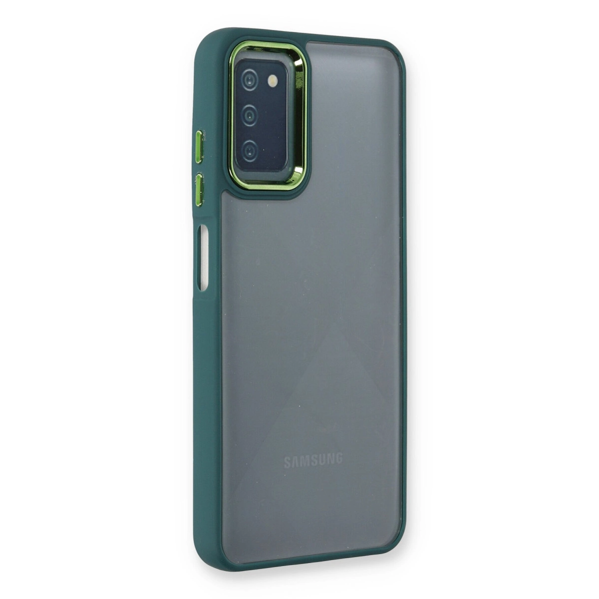 Mat arka ve kamera çerçeveli koyu yeşil telefon kılıfı.