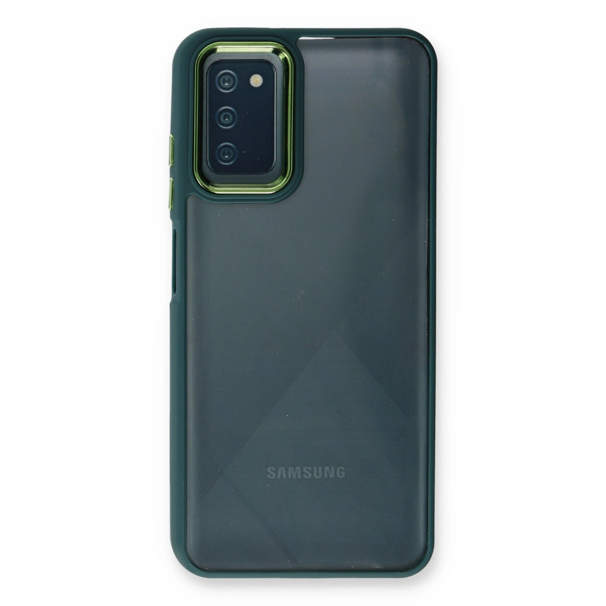 Kamera çıkıntısı ve Samsung logosu olan koyu yeşil telefon kılıfı.