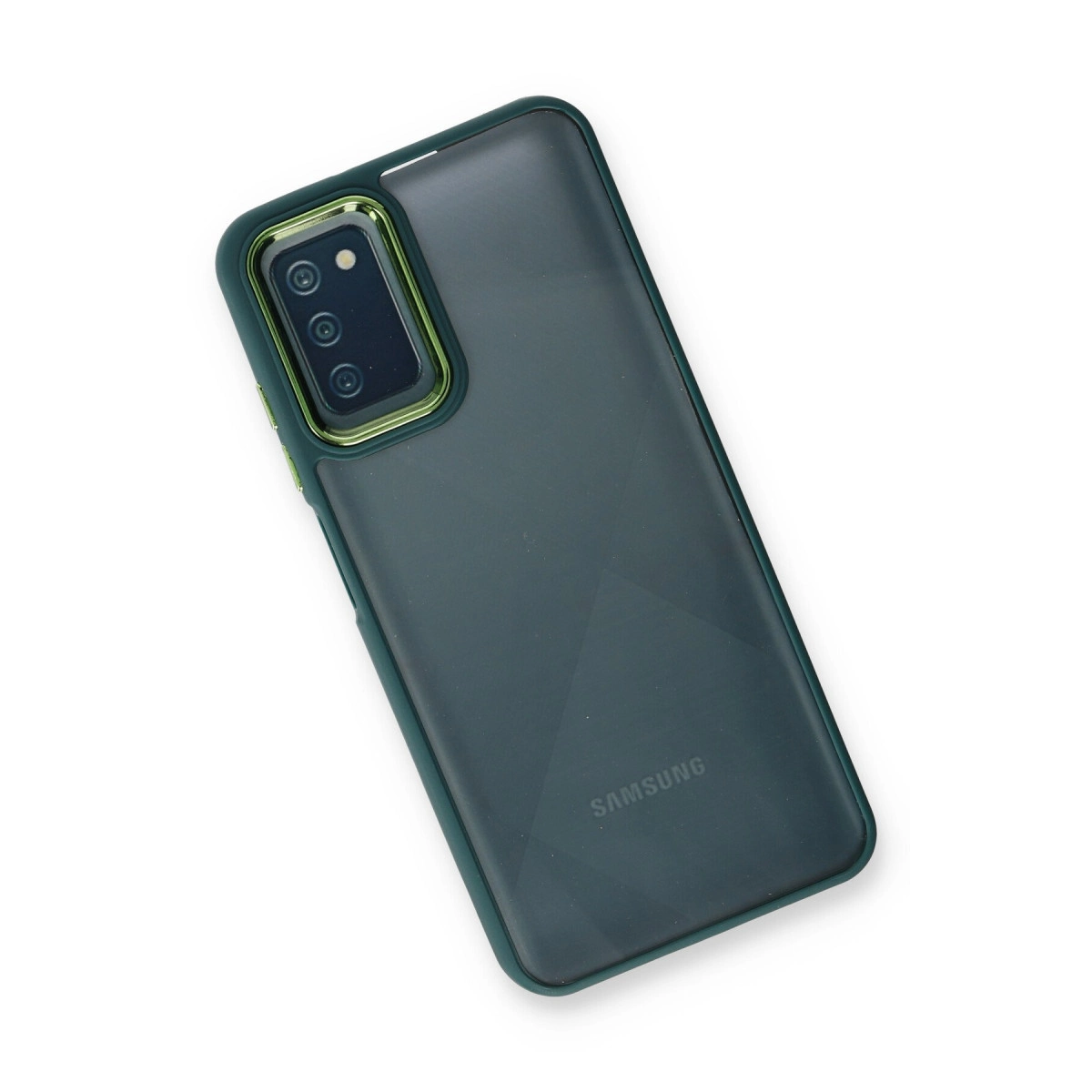 Kare kamera kesimli ve Samsung logolu, koyu yeşil telefon kılıfı.