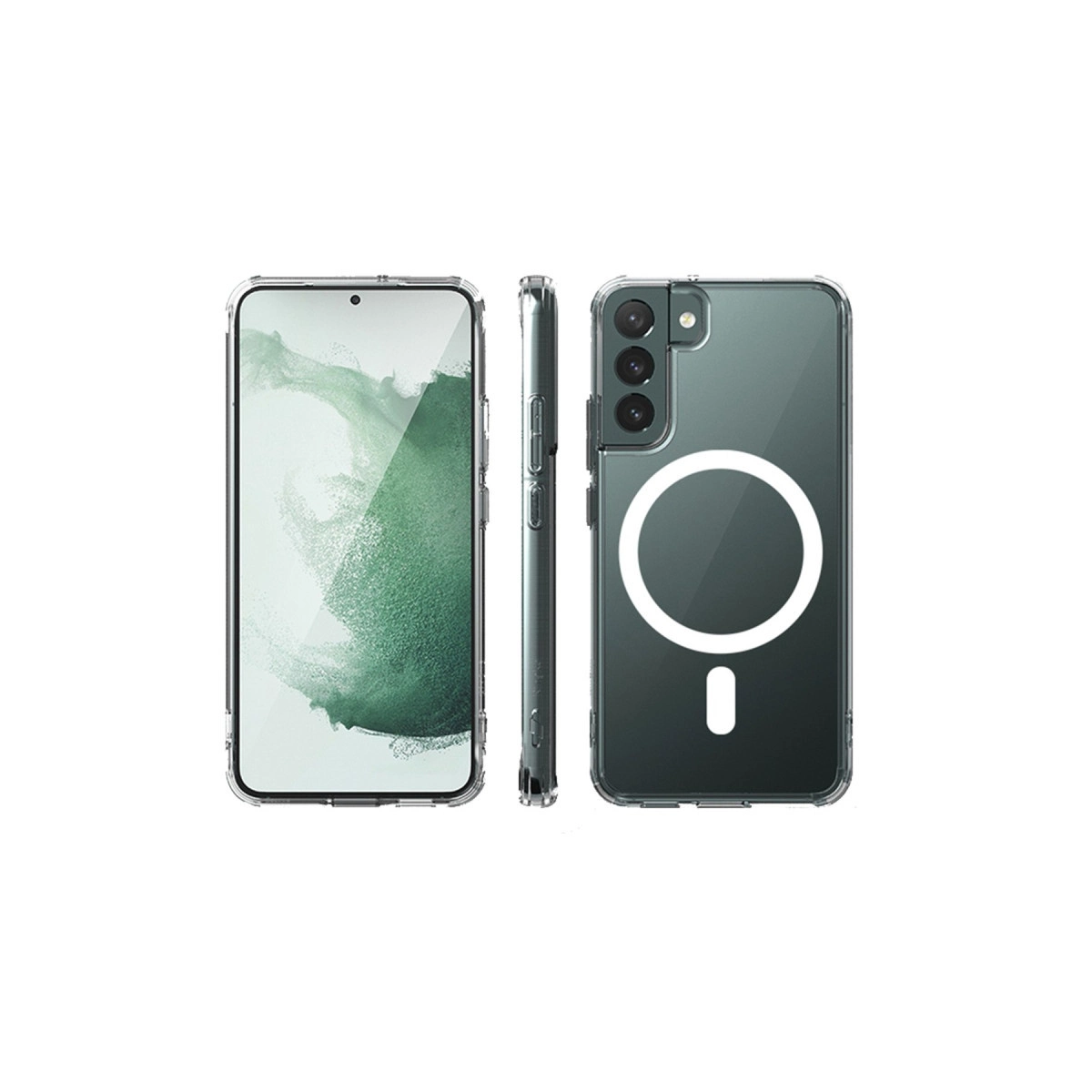 Mıknatıslı halkalı ve üç kameralı şeffaf telefon kılıfı.