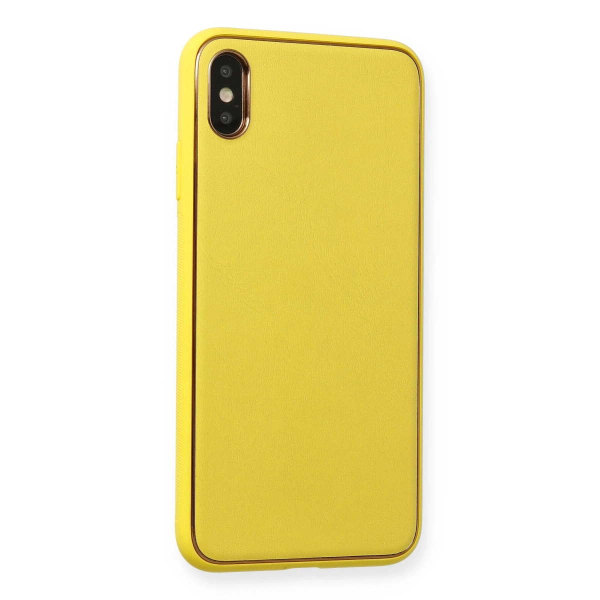 Kamera kesimli, altın çerçeveli sarı telefon kılıfı.