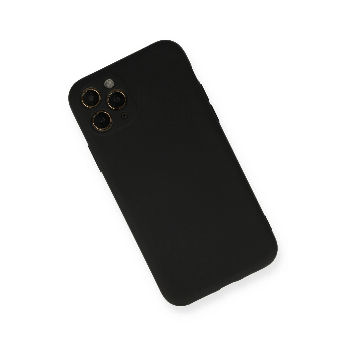 Arkada üç kamerası olan siyah bir iPhone, beyaz arka plan üzerinde.