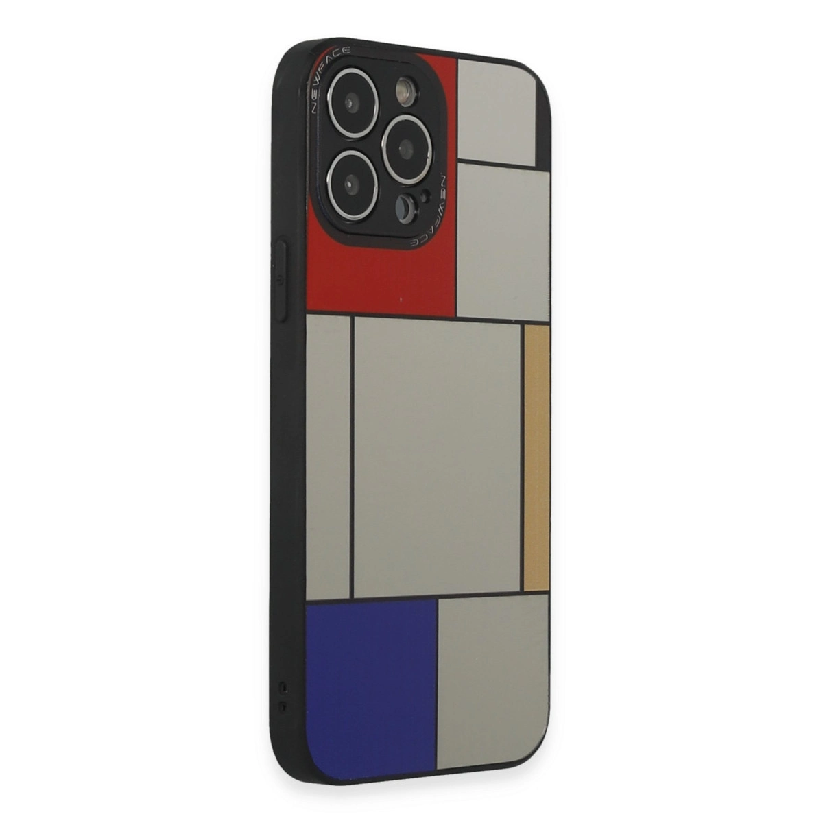 Kırmızı, gri ve mavi renklerde Mondrian tarzı desenli siyah telefon kılıfı.