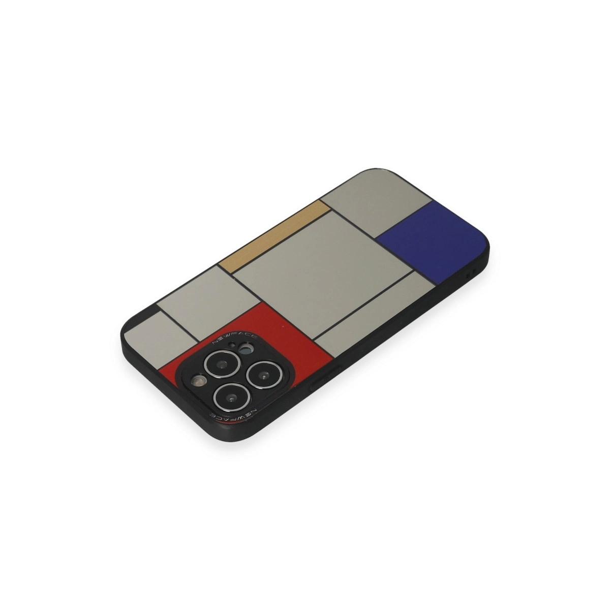 Mondrian desenli siyah telefon kılıfı: beyaz, kırmızı, mavi ve sarı kareler.